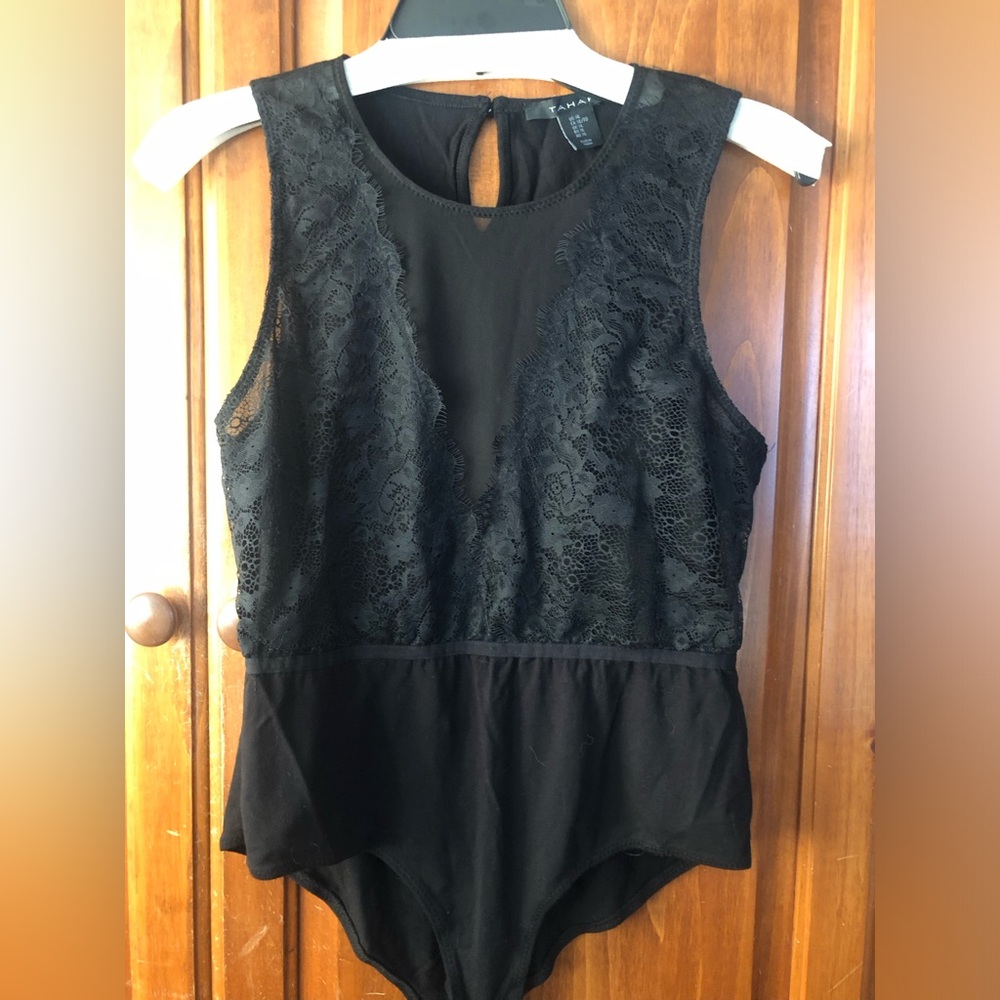 Tahari Black Lace Sleeveless Bodysuit, Misses XL